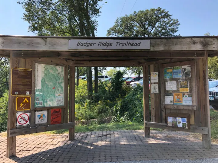 large wooden sign that reads badger ridge trailhead with maps and flyers trees and shrubs on a sunny day