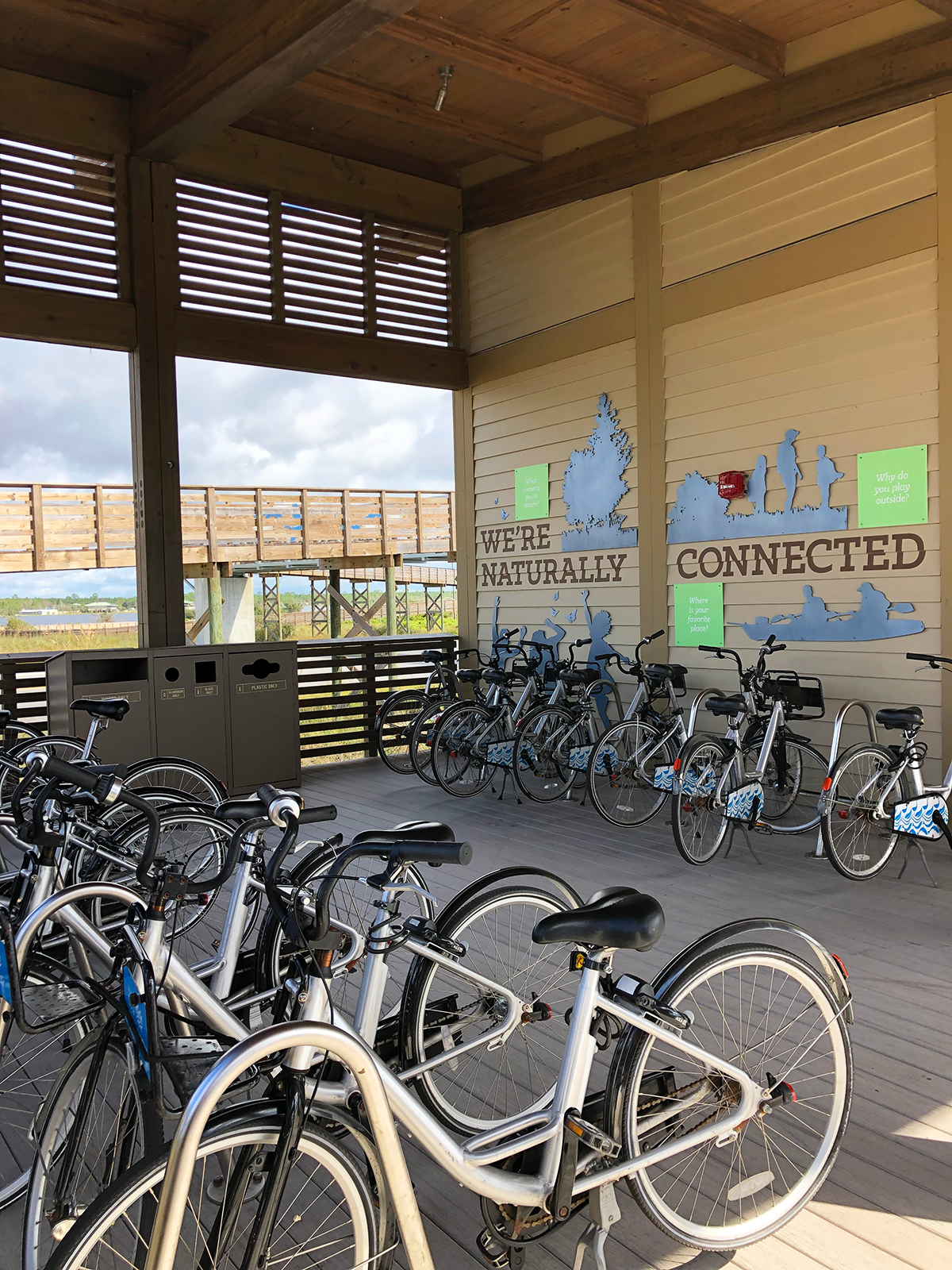 bikes lined up under pavilion with the words we're naturally connected