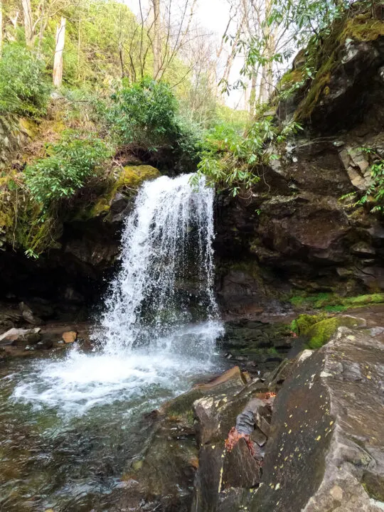 close up of Grotto Falls Smoky Mountains waterfall pouring over rocks onto pond below with rocky shores