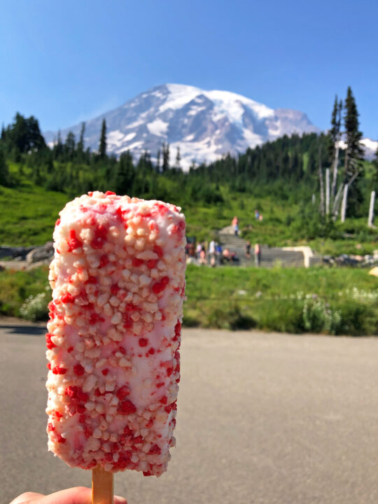 pink ice cream bar with mountain scene behind