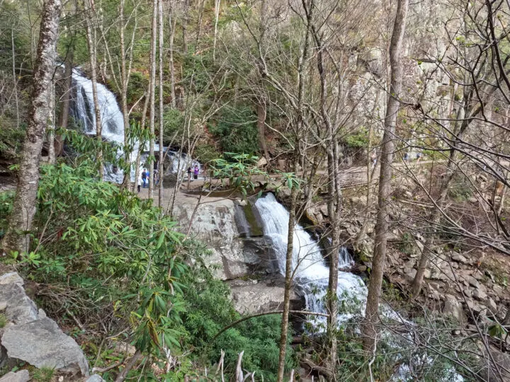 Laurel Falls from a distance looking through trees at upper and lower falls