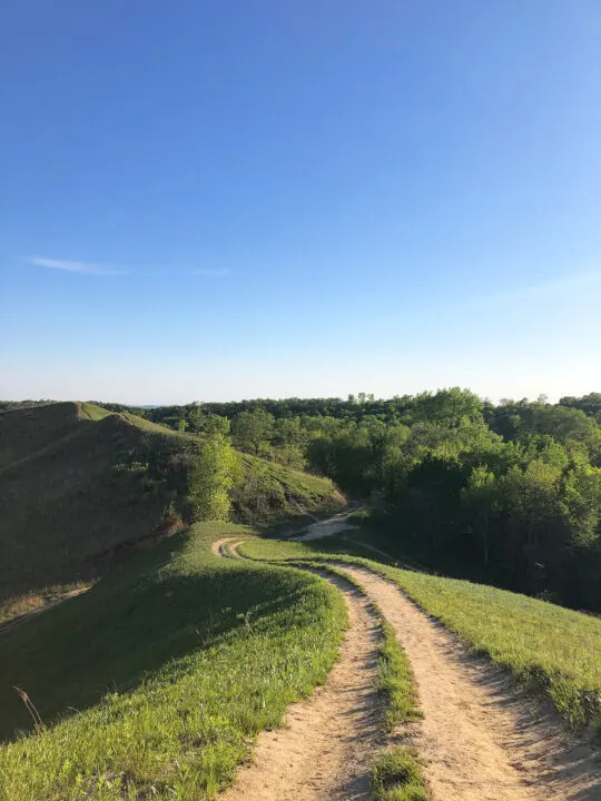 hiking trail at the Hitchcock nature center with view of the Loess Hills