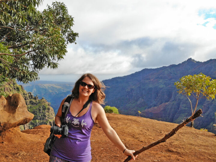 travel blogger standing at edge of canyon with stick and tree in background