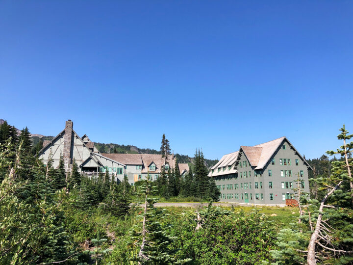large green hotel situated on mountainside with lots of trees