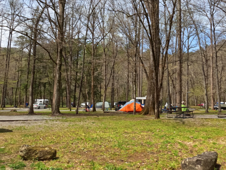 camping in the smoky mountains tents RVs in green space