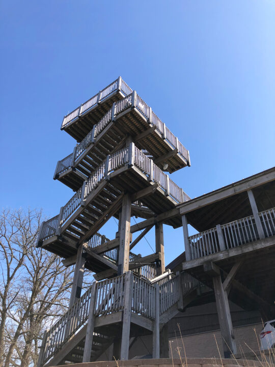 Hitchcock nature center wooden observation tower with lots of stairs really high up