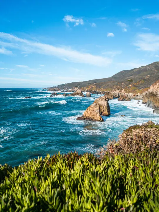 california pacific coast highway views of rocks in water cliffs and greenery up close