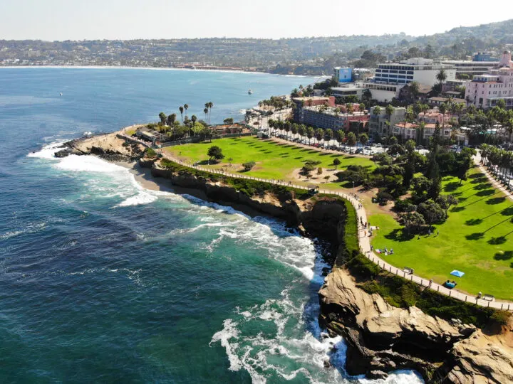 view of California coast from above palm trees rocky shore and buildings