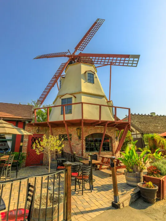 Solvang California windmill with patio and potted plants