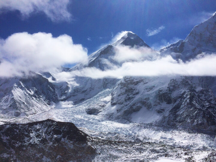 adventurous bucket list view of the peaks of mt Everest with snowy rocky mountain tops