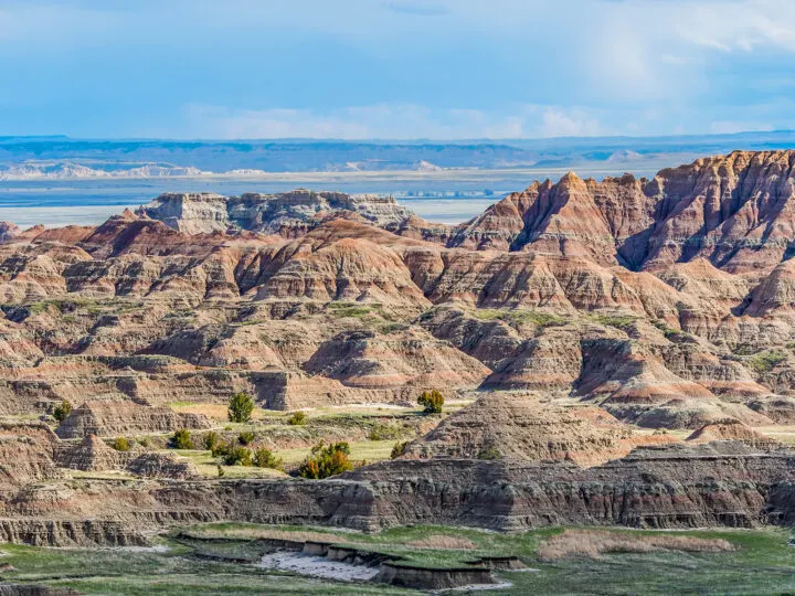 September vacations view of badlands with multi colored rocky spires and horizon in distance
