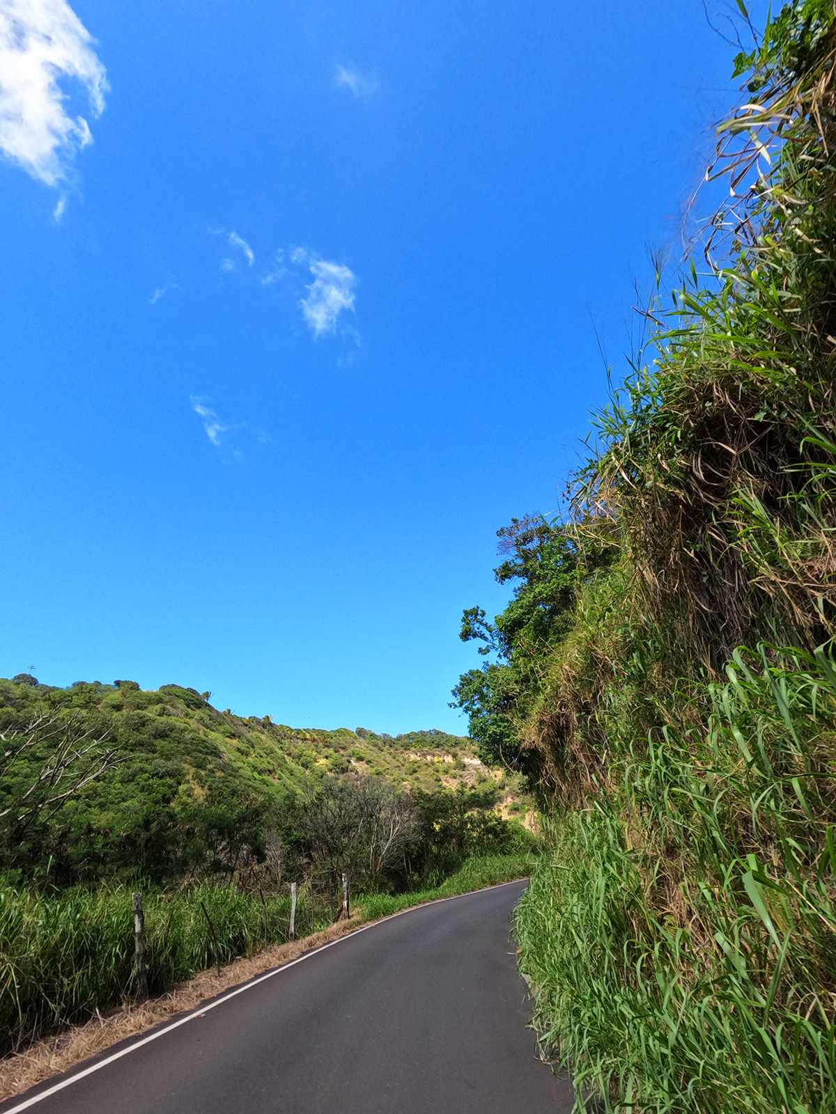 driving kahekili highway maui with narrow road cliff and hills in distance