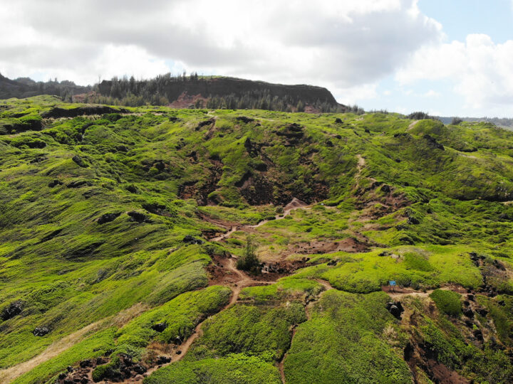 kahekili highway hiking trail green hillside with dirt walking paths