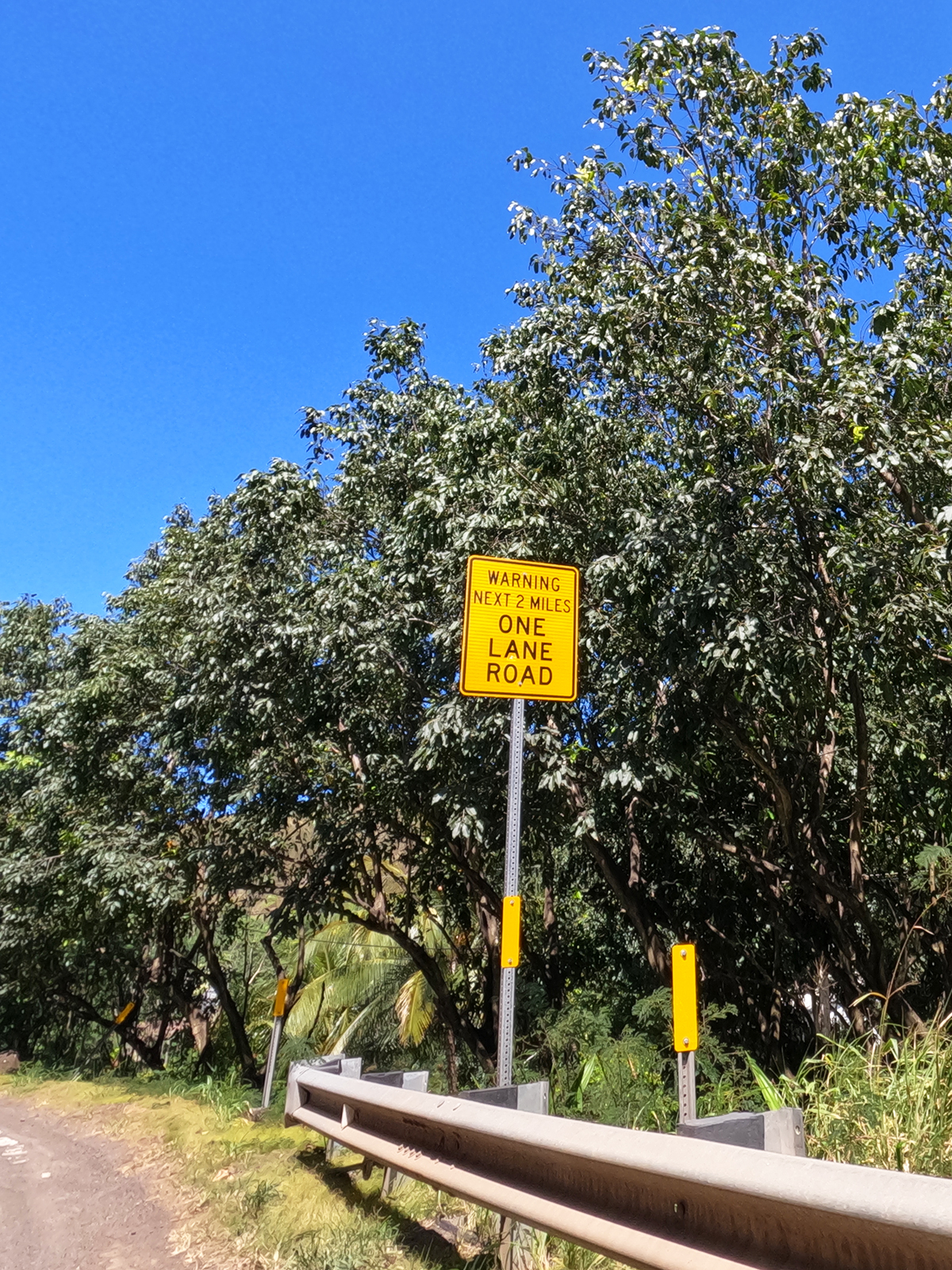 sign that reads warning next 2 miles one lane road