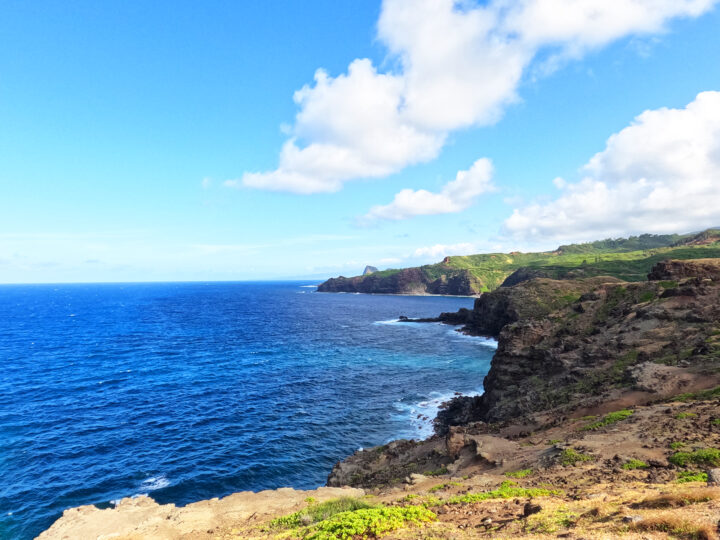 coastal Maui views with rocky shore blue water puffy clouds in sky
