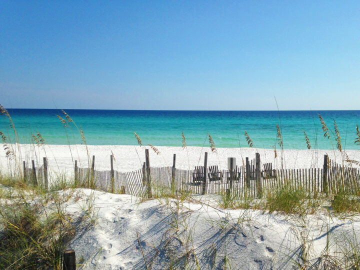 best beaches in December view of Destin florida beach with sand dunes in foreground