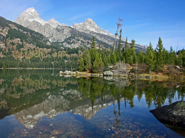 Taggart lake grand teton national park reflective lake with trees and mountains