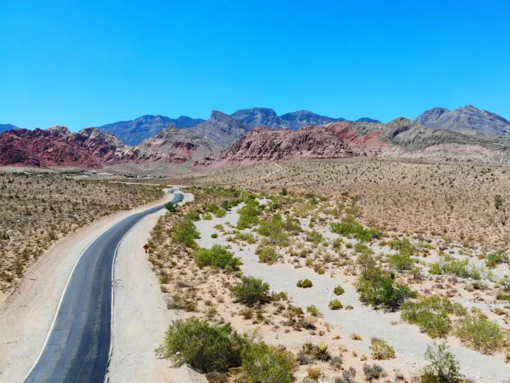 red rock canyon Nevada view of desert and road with rocks in distance