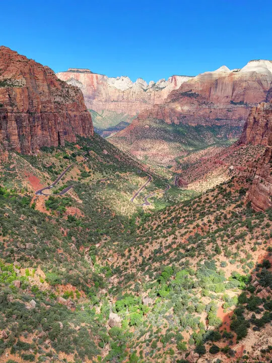 Zion national park view of huge canyon with trees red orange white rocks