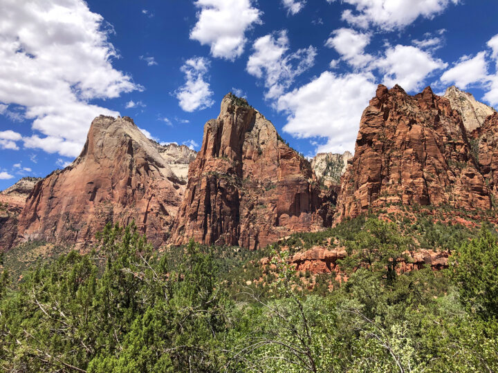 three large rocky spires with trees and cloudy day view of hiking with kids in Zion