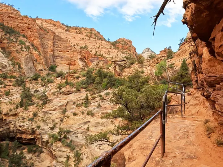 what to pack for Zion national park view of hiking trail with railing overlooking cliff