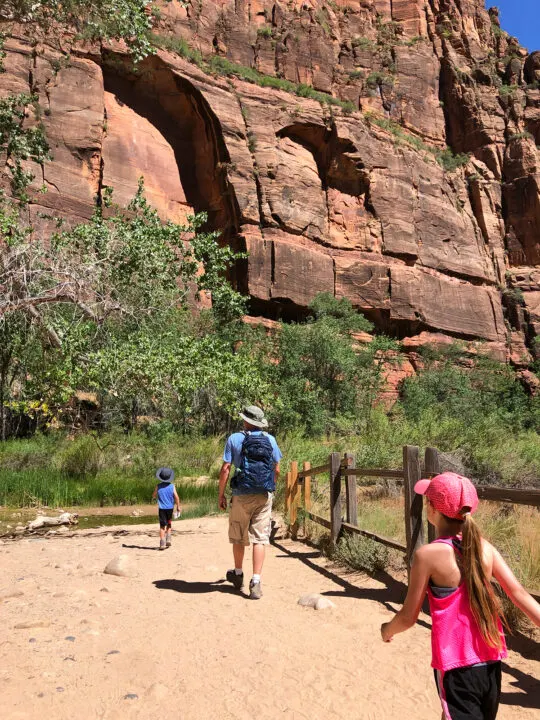 Zion with kids girl in pink boy in blue and male walking on hiking trail toward canyon wall