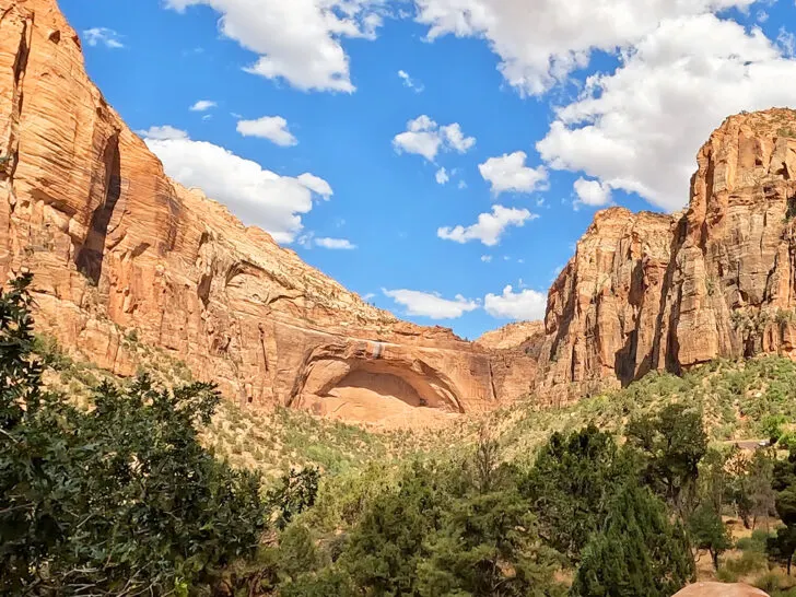 The Great Arch Zion canyon overlook trail view of trees and rocky cliffs with natural arch