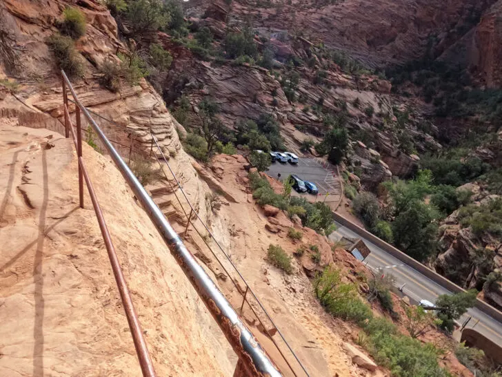 Zion canyon overlook view of trail with parking lot below