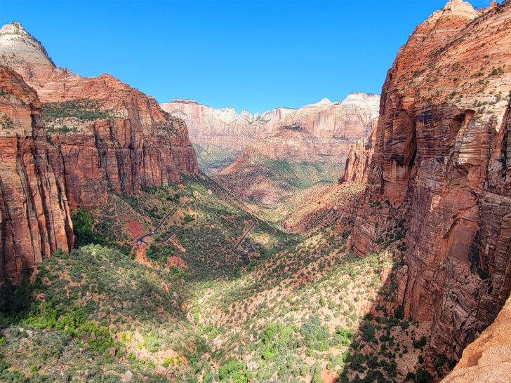 visiting Zion in May view of massive canyon orange and red rocks with lush valley and road below