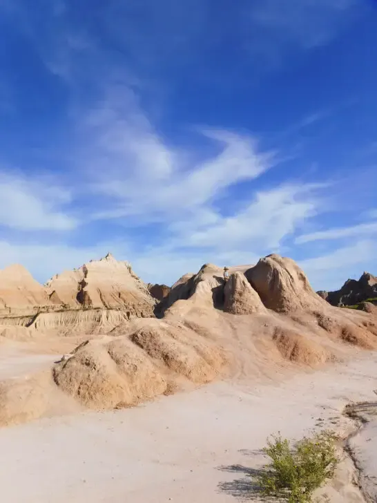 view of tan sandy rock spires with hiking trail on sunny day