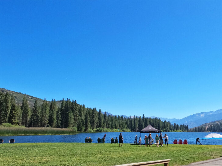 Hume Lake with blue water forest surrounding people on grassy field on sunny day