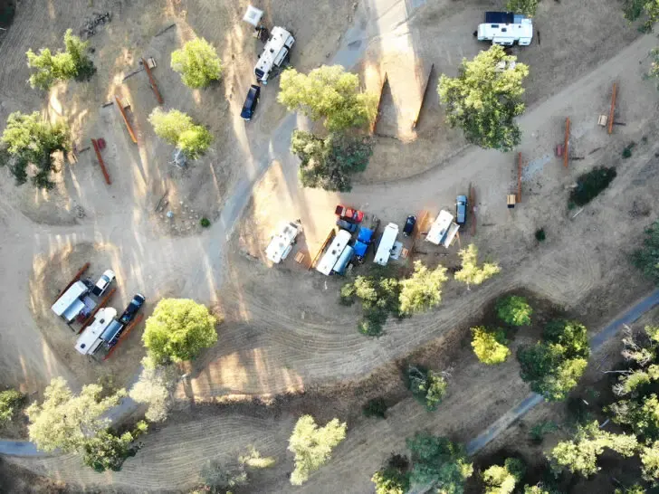 Sequoia Resort & RV Park view of campers and vehicles trees and fences from above