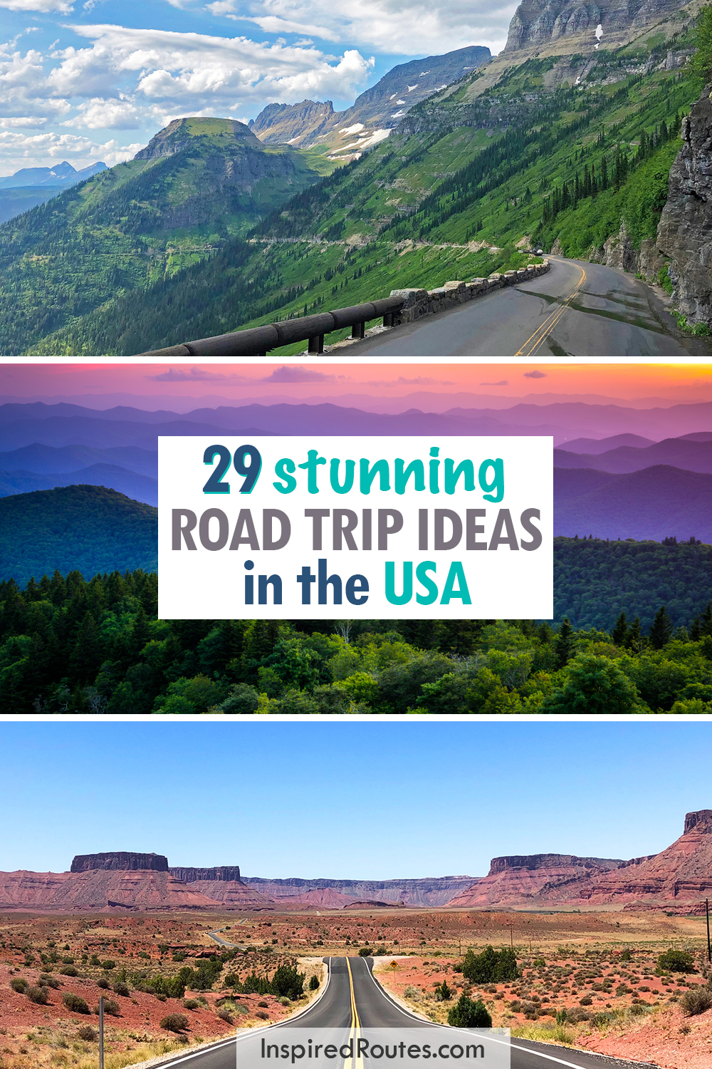 29 stunning road trip ideas in the USA with photos of mountain road sunset over hillside and road through desert scene