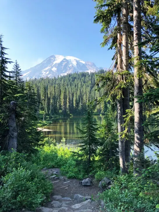 Paradise Mt Rainier view of trail through woods with lake and mountain in distance