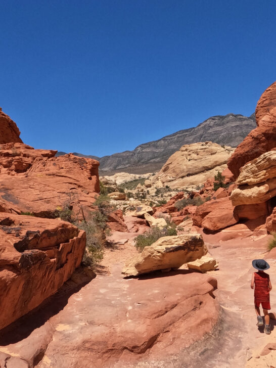 calico tanks trail hiking near Las Vegas with kid in red rocky terrain
