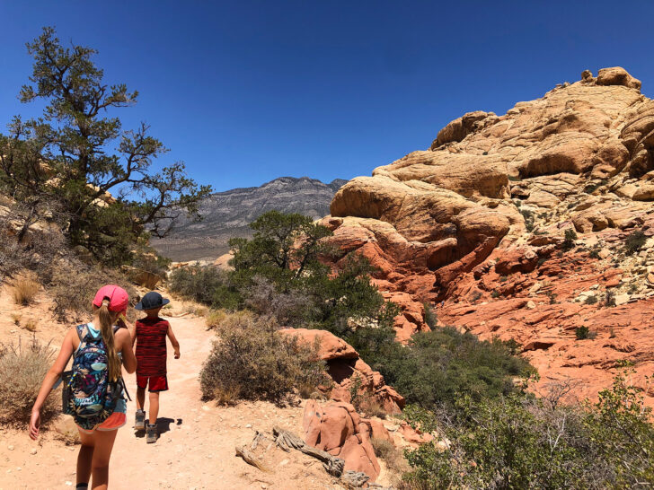 kids hiking red rock canyon Las Vegas with orange red tan rocks and desert scene at calico tanks trail