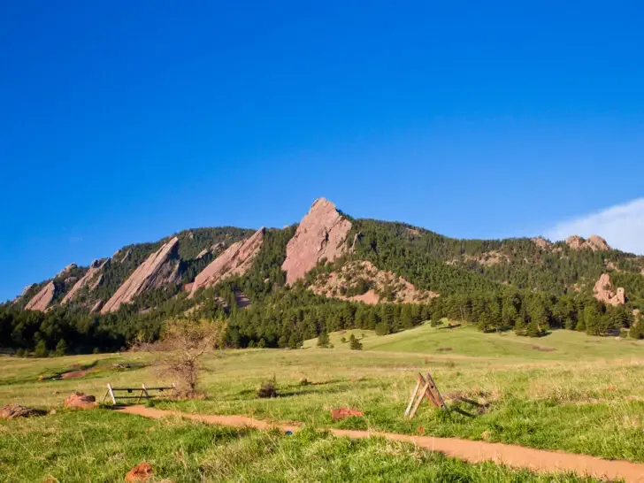 view of slabs of flat irons with green trees and walking path