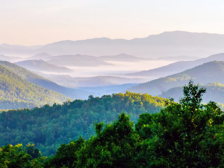 morning haze over rolling hills of the blue ridge mountains in summertime