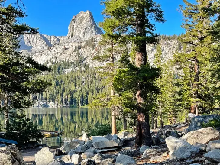 Sierra Nevada mountains view of trees lake and mountains in distance