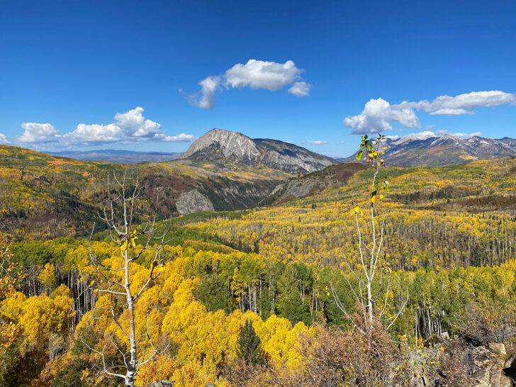 best driving route for fall foliage view of yellow and green trees with jagged mountains in distance in Colorado USA