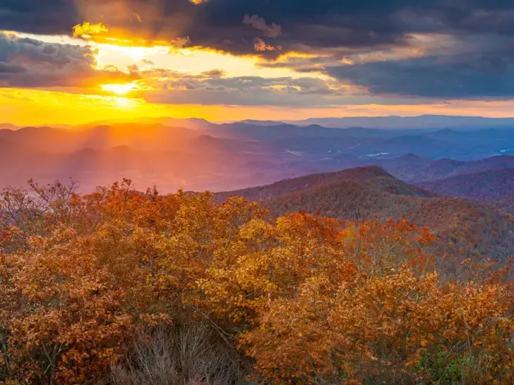 north Georgia mountains at sunset with red foliage purple sky and mountains in distance