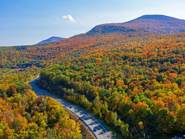 best fall road trips through green orange red trees and mountain hills in New York