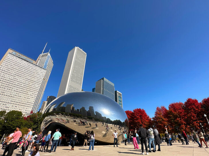 city skyline with giant bean reflecting people and city with red trees in autumn
