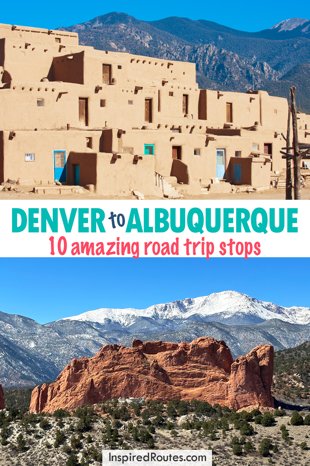 denver to Albuquerque 10 amazing road trip stops with photo of tan pueblos and mountain scenes