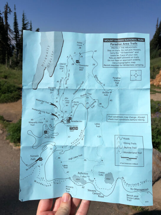 skyline trail mt rainier map blue paper with hiking trails