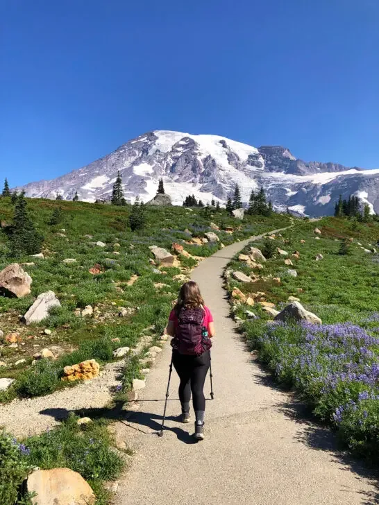 woman hiking up mount rainier skyline trail wearing hiking backpack on sunny day