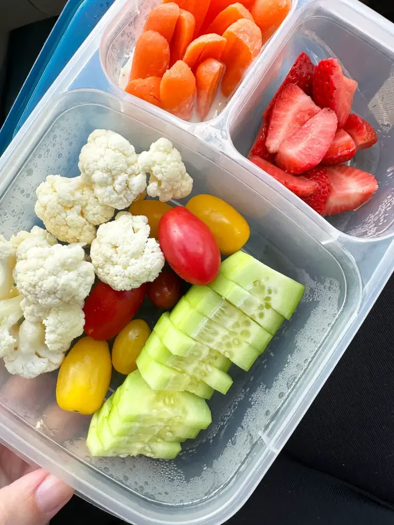 road trip snacks view of container of fruits and veggies in car