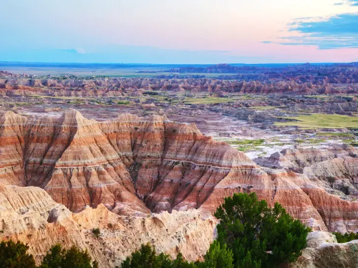 RV road trips with scenic views of multicolored rocky spires up close and into distance