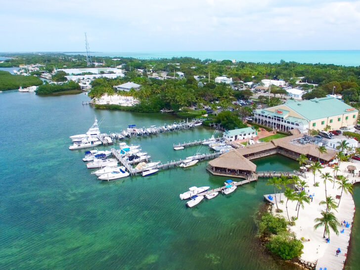 Islamorada Florida pier with boats and buildings along strip of land