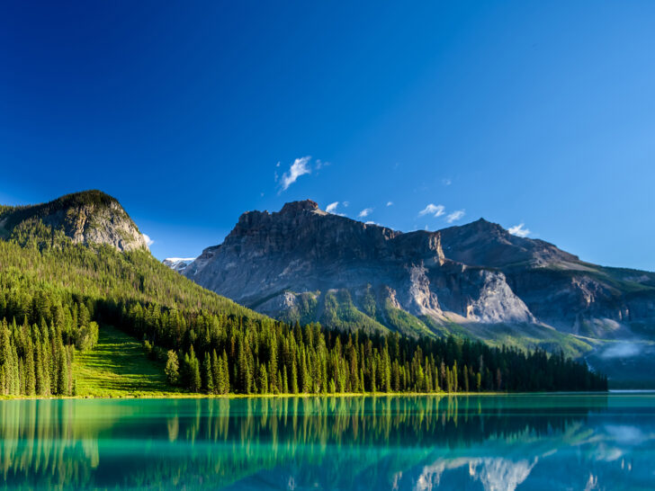 bright green lake with trees and mountains on sunny day